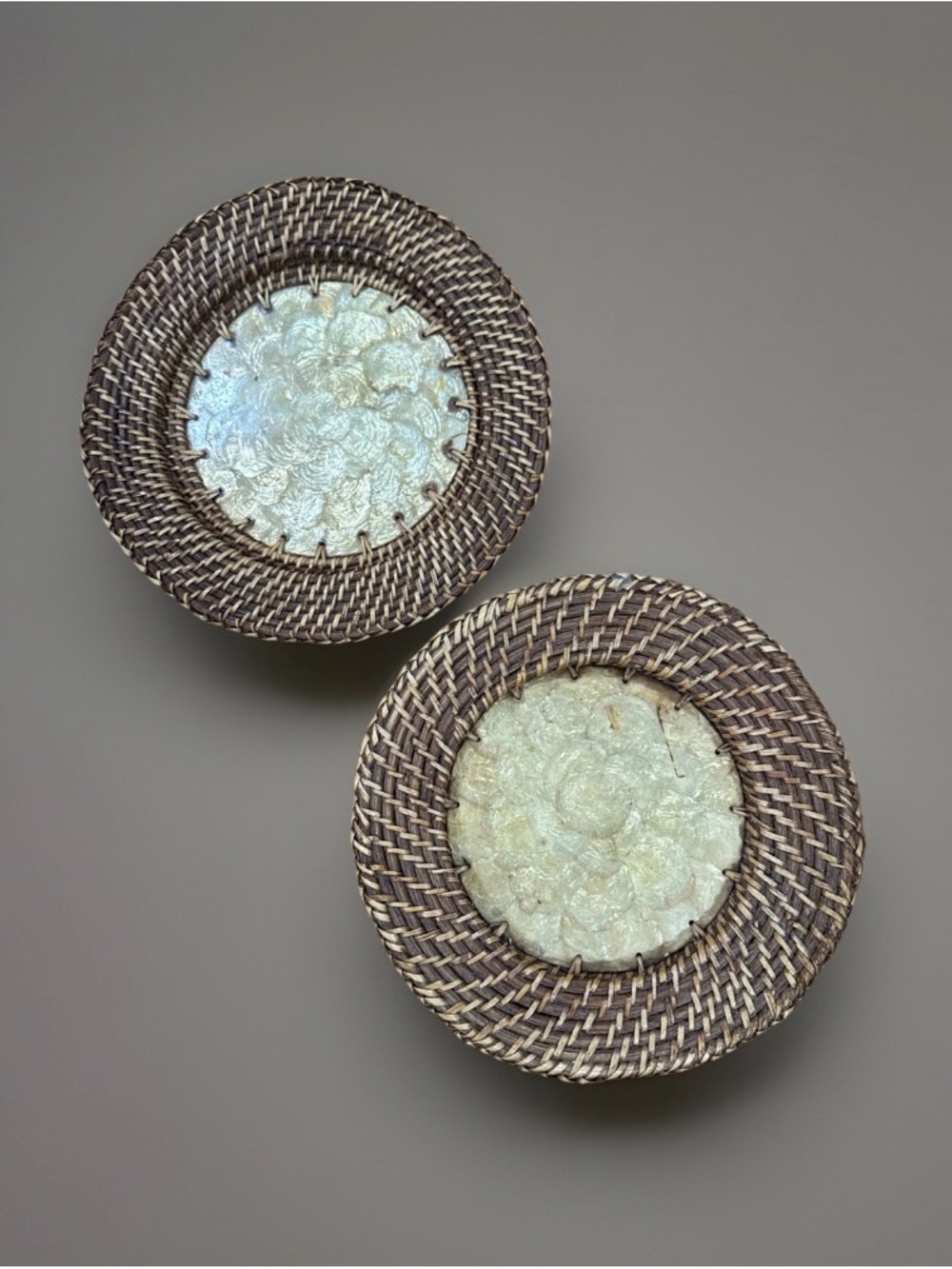 Set of 2 Vintage Woven Wall Art Philippines Capiz Shell Boho Coastal Decor 13”
